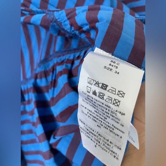 GANNI Striped Organic Cotton Peplum Blouse Blue Burgundy Tie Front Top Size 34 - Picture 4 of 5